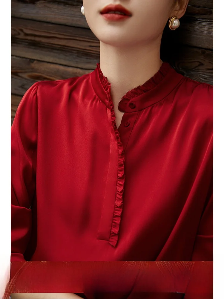 

Ele Silk Double Gauze irt with Button Collar And Pleated for Commuting Women Breathable Comfortable Long Sve irt