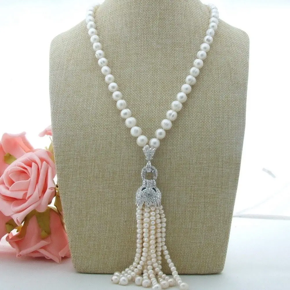 

Popular micro-inlay leopard head pendant white 8-9MM natural freshwater pearl necklace 20 inches tassel pearl 3-4 mm