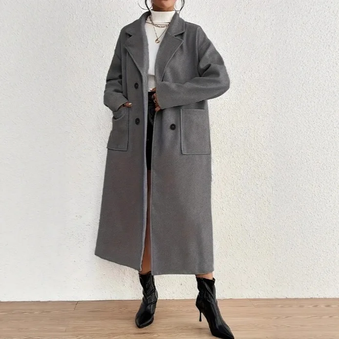 

Осень/зима 2022, новое женское элегантное и простое однотонное шерстяное пальто, повседневное длинное пальто с воротником