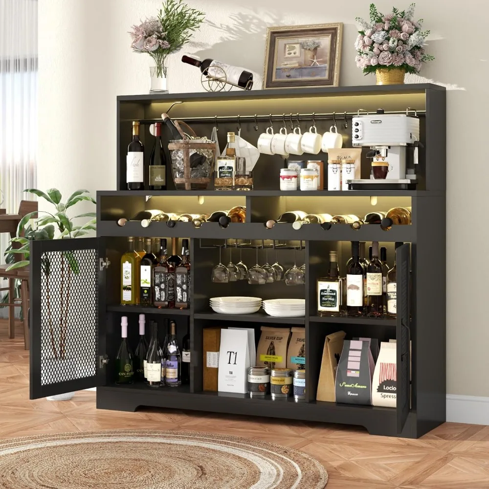 Gabinete de bar de vinos con luz LED Gabinete de licor con soporte de vidrio Gabinete de buffet de almacenamiento con estantes para vino