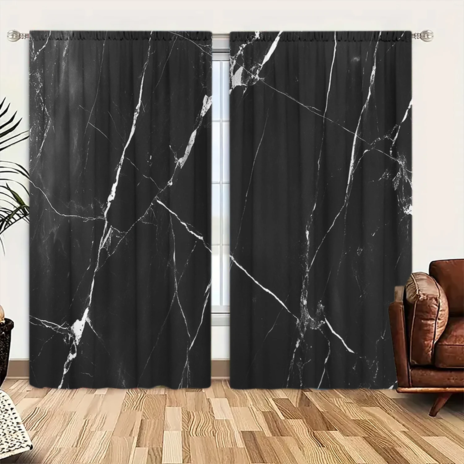 

2pcs Low Key and Elegant Black Marble Texture Printed Curtain for Home Decor - Rod Pocket Window Treatment for Bedroom, Office