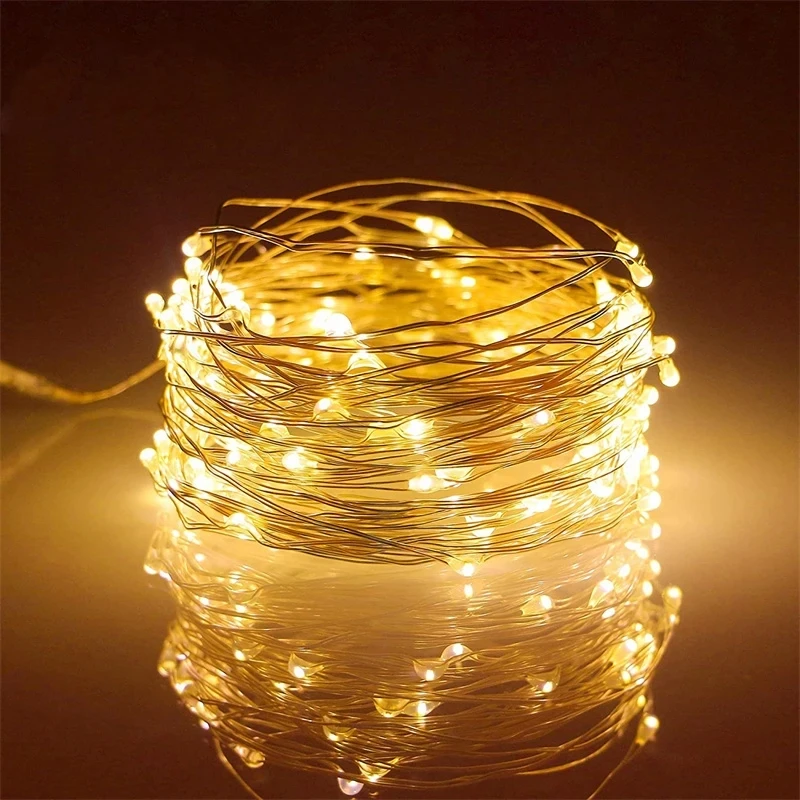 USB LED Fairy Lights Copper Wire String, Lâmpada ao ar livre, Guirlanda para árvore de Natal, Decoração de casamento, Feriado, 10m, 100 LEDs