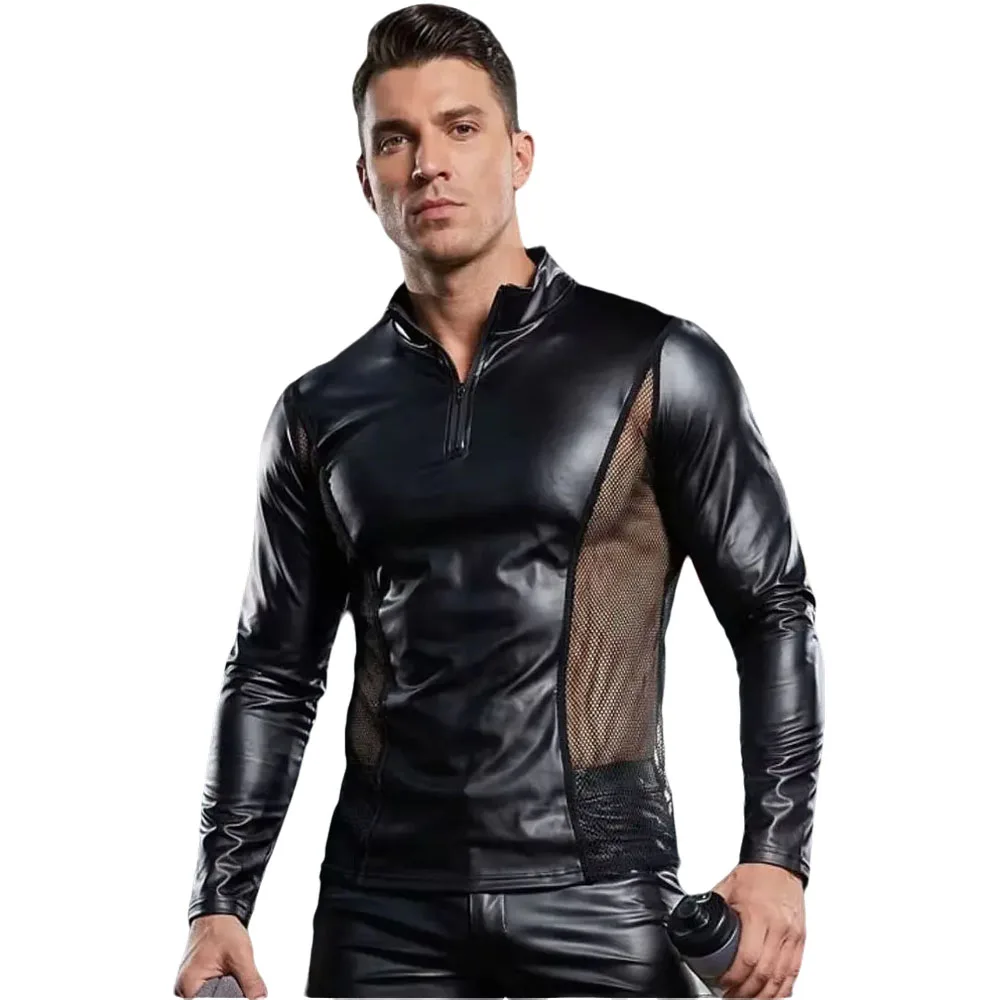 S-3XL Elastic PU Leather Mesh Patchwork Long Sleeve T Shirt Men Tights Gym Fitness Motorcycle TShirt Bodybuilding Muscle Shapers