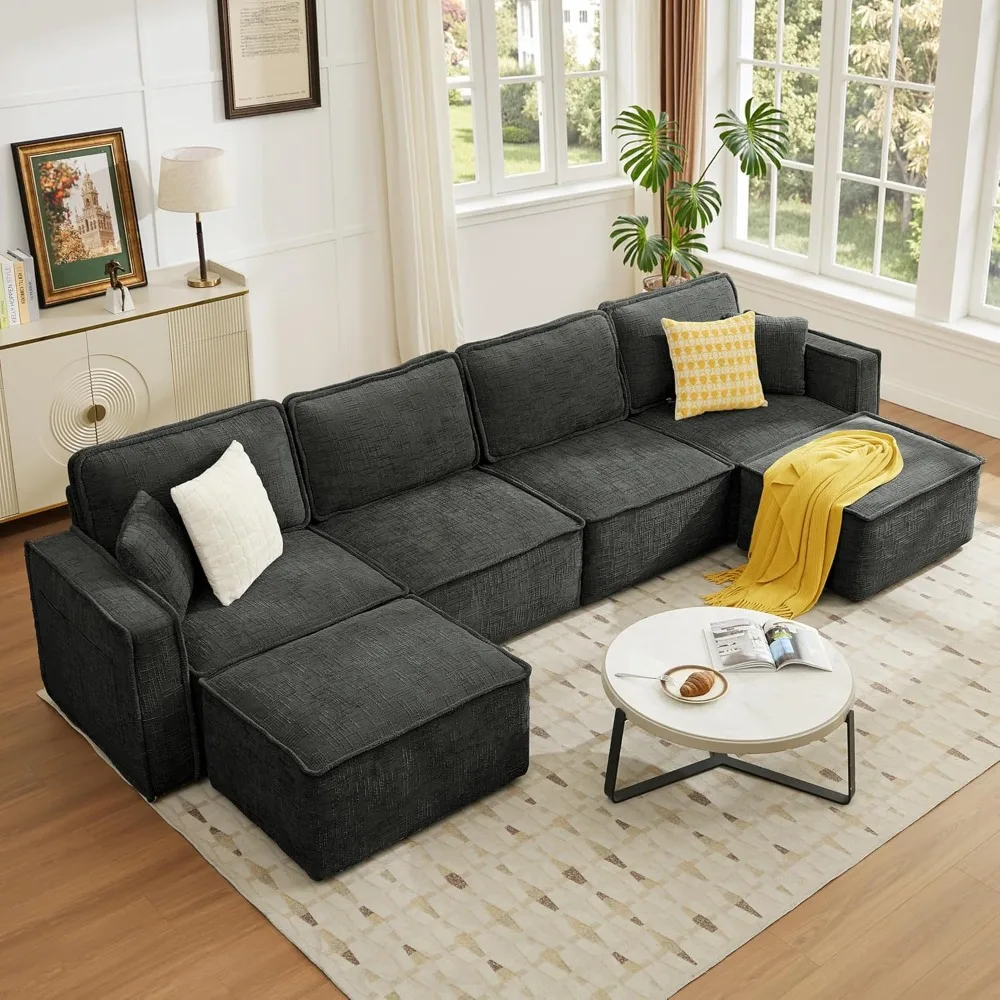 

143.7" Sectional Couch for Living Room, Cloud Modular Chenille U Shaped 4 Seater Sofa with 2 Movable Ottomans, Wide Armrest