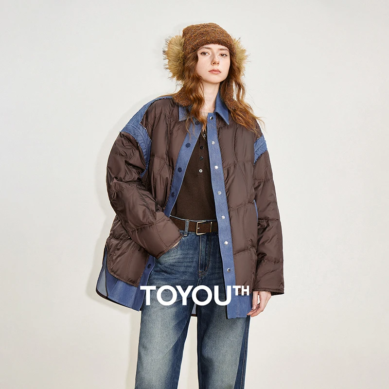 TOYOUTH Women 90% Down Jacket 2025 Winter New Fake Two Piece Antibacterial Turn Down Collar Warm Jacket