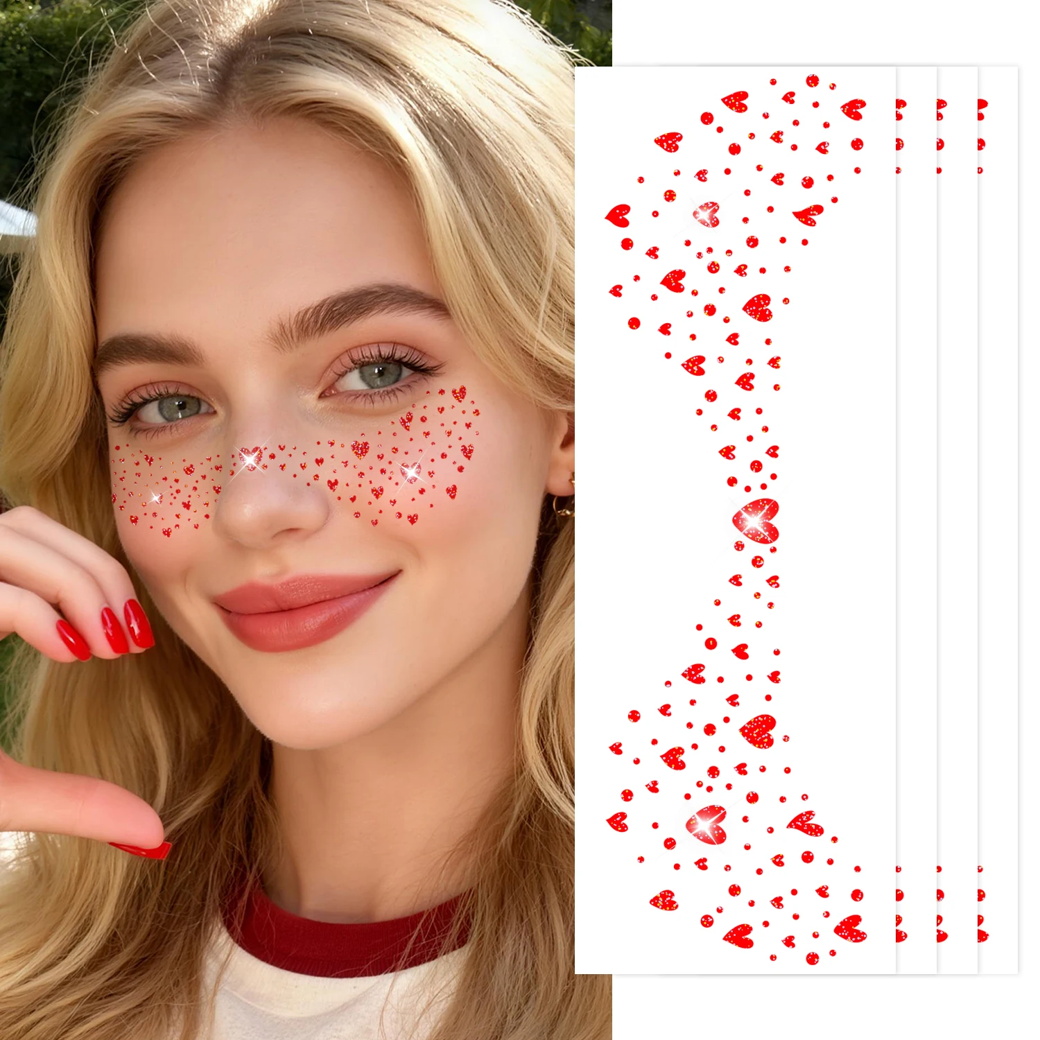 4 Sheets Glitter Heart Spots Face Stickers, Waterproof and Easy to Remove, Spots Position Makeup Stickers, Red Heart Tattoo Desi