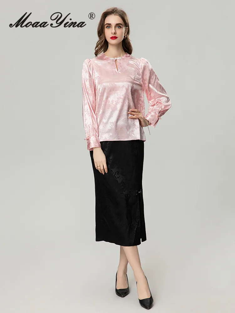 

MoaaYina Summer Fashion Runway Vintage Elegant Jacquard Dress Women Solid Color Single Button Shirt+ Side Split Pencil Skirt