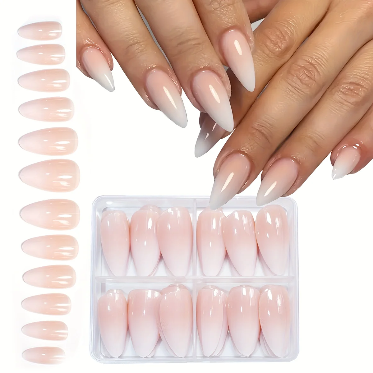 96pcs Almond Shaped Press on Nails, Medium Length, Glossy Finish, Pink & White Gradient, French Stripe Design, Fashionable & Ele