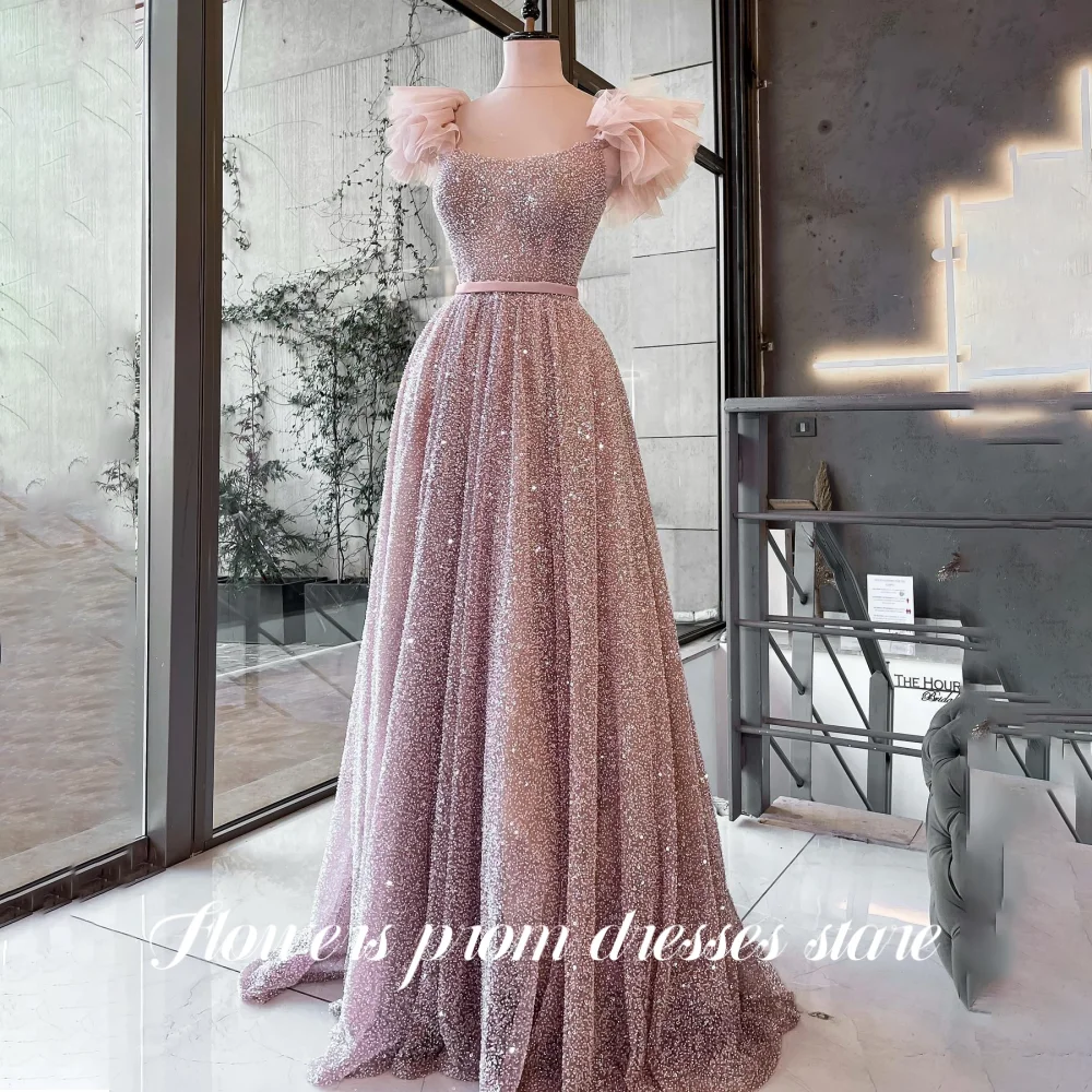 

Flowers Glitter Prom Dresses A-Line Gala Dresses with Sequins Ruffled Saudi Arabic Evening Gown Pleats Party Dress Customized