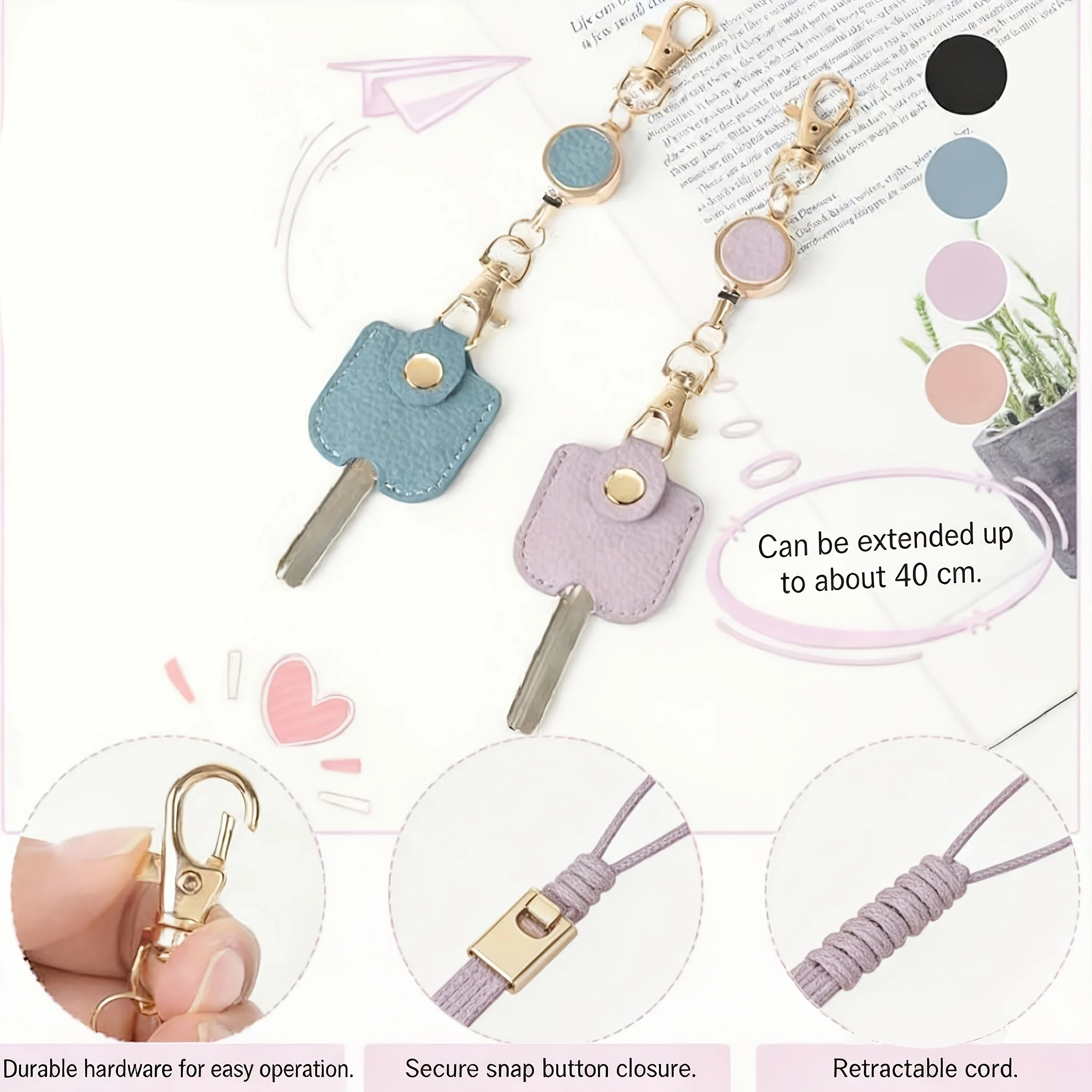 Women Retractable Faux‑Leather Keychain, 11.81‑Inch Anti‑Lost Key Holder with Golden Clasp, Portable Keyring, 3 Colors Available