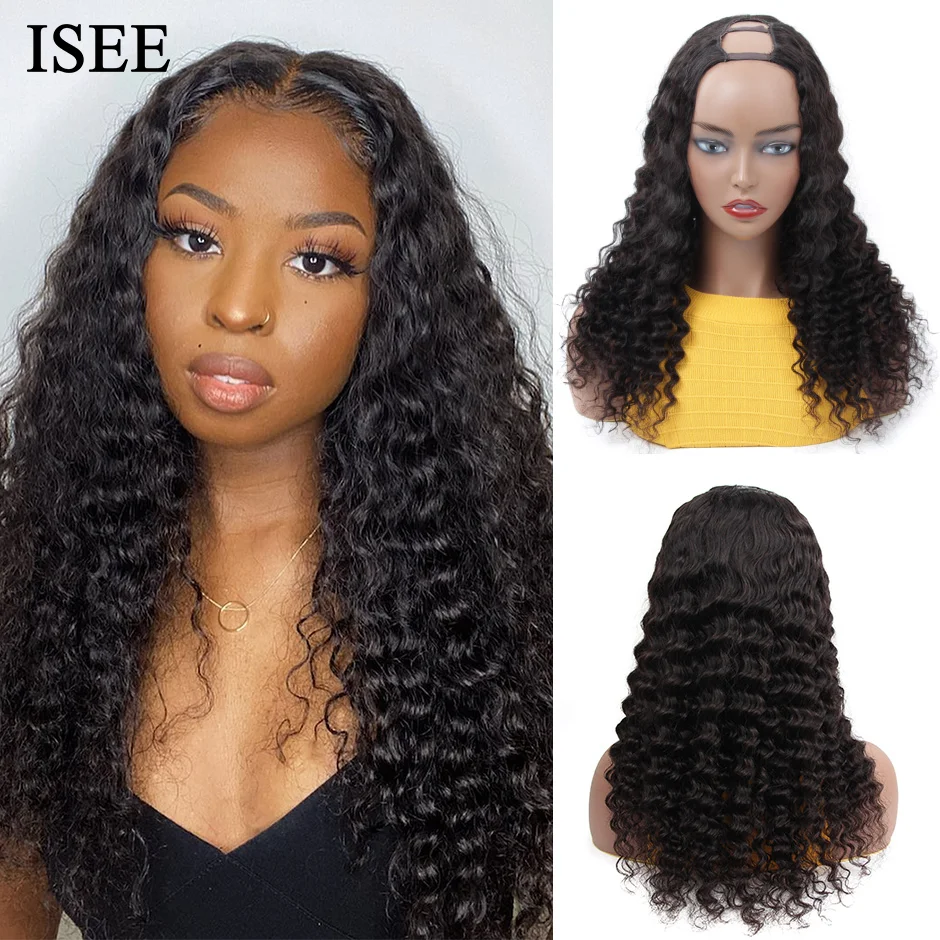 

ISEE HAIR Brazilian Deep Wave U Part Wigs Human Hair 180% Density Loose Deep Wave Human Hair Wigs Middle U Part Machine Made Wig