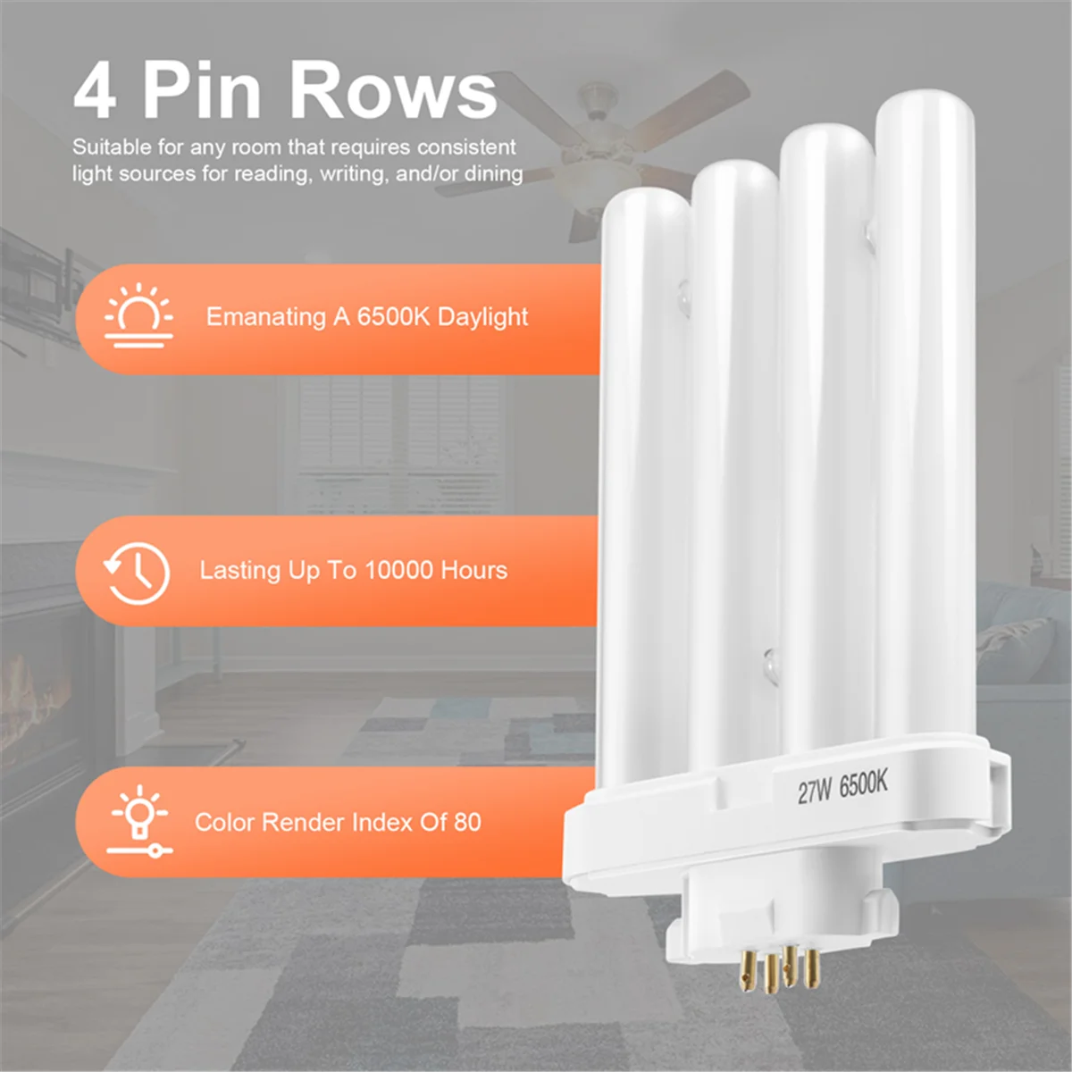 AT14 220V 27W 4 Pin Rows 6500K Double-H Quad Tube Compact Fluorescent Lamp Light Bulb