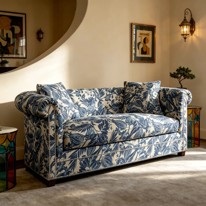 Retro denim blue printed buckle fabric sofa living room B & B coffee shop double triple sofa