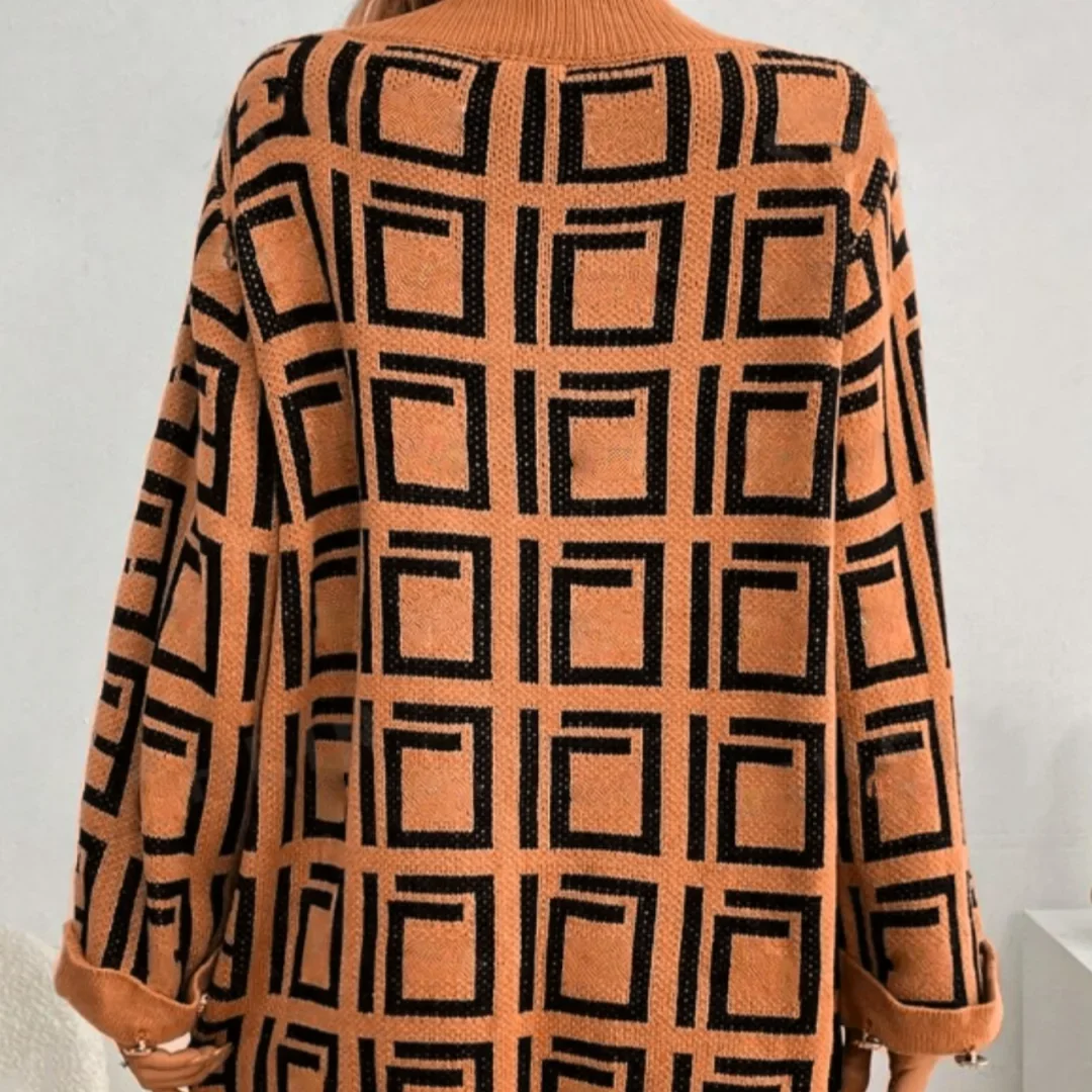 الخريف/الشتاء الخامس الرقبة بسيطة هندسية منقوشة نمط فستان سترة قصيرة غير رسمية مع زر أسفل الأكمام متوهج الملابس النسائية