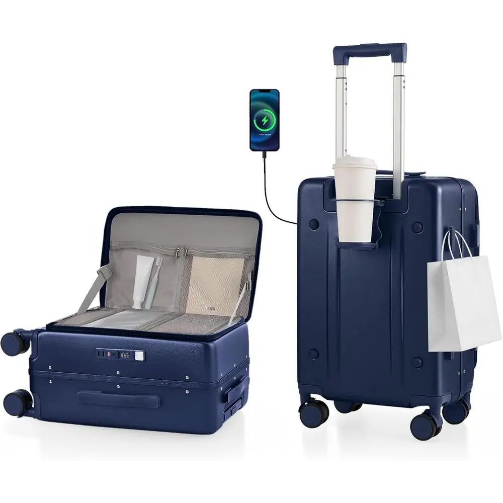 

Чемодан для ручной клади, большой, одобренный авиакомпаниями, из 100% поликарбоната, с замком TSA, держателем для стакана, USB-портом для зарядки, боковым карманом, поворотными колесами на 360° ° Спиннер-колесо