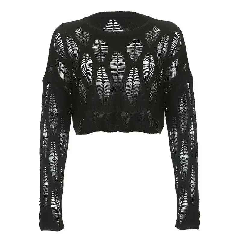 Women Knitted Pullover Dark 2024 Fashion Korean Harajuku Ripped Long-sleeved Top Sexy Openwork Summer Girl Sweater