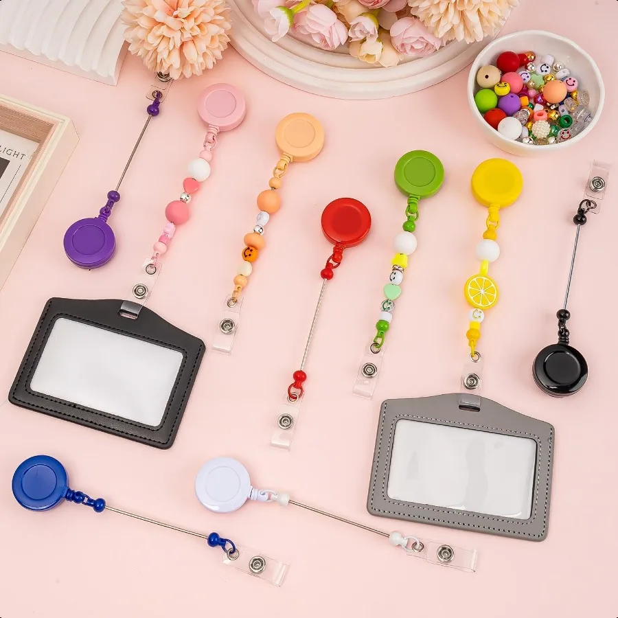 مطرز لتقوم بها بنفسك شارة بكرة عدة 9 قطعة بكرات شارة قابلة للسحب مقاطع للخرز شريط فارغ معرف اسم شارة حامل مع حزام لتقوم بها بنفسك Pr #4