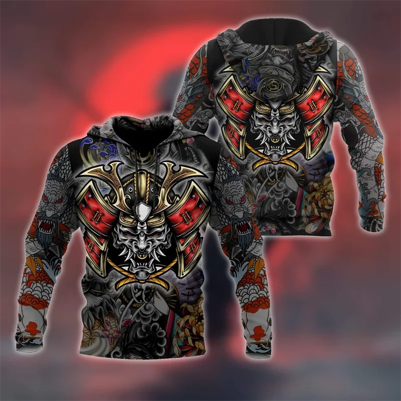 Novel Japanese Mask Print Hoodie Men's Clothing Mysterious Warrior Pattern Hooded Coat Harajuku Streetwear Personality Hoodies