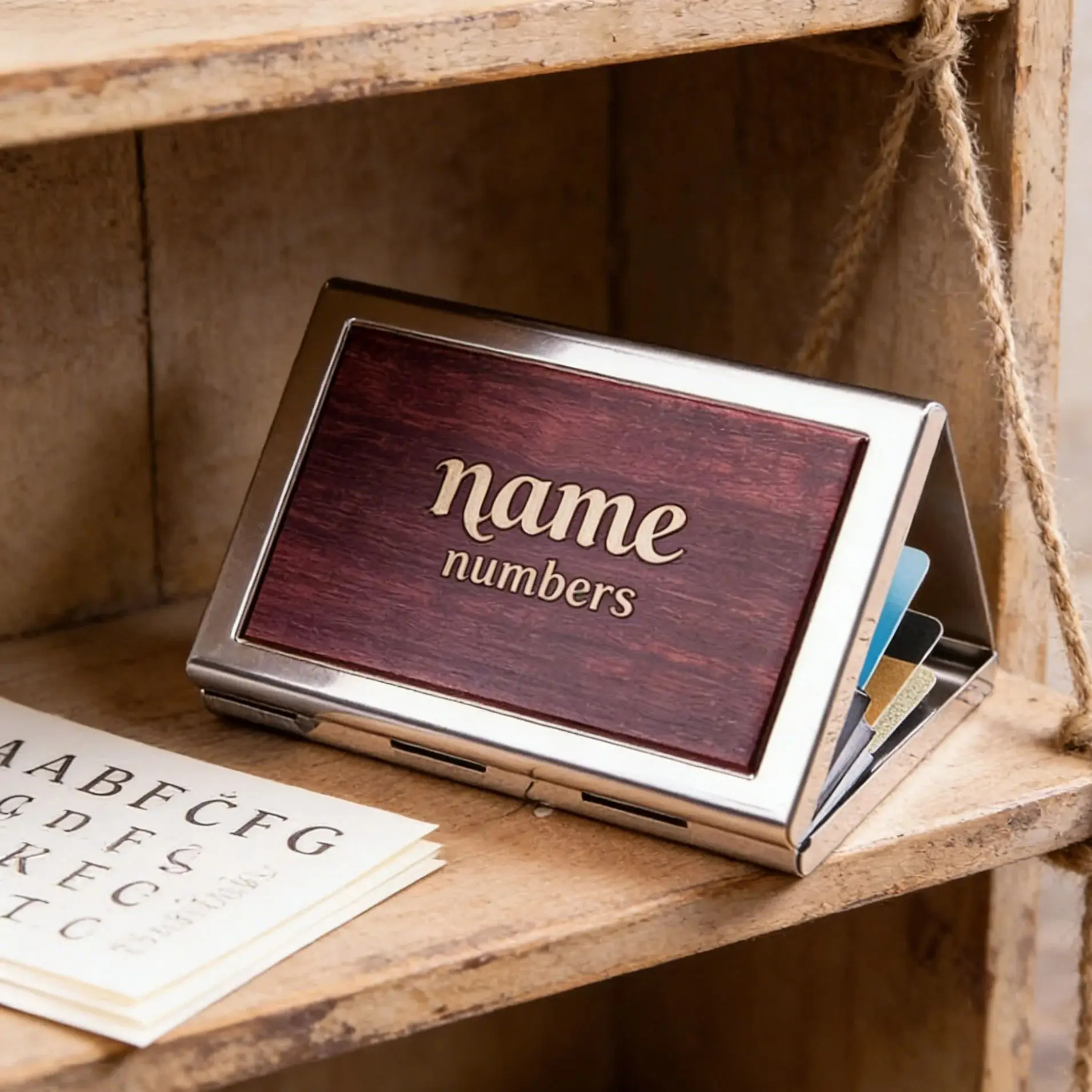 Wooden Stainless Steel Custom Logo Business Card Box Case Holder Laser Engrave Wood Metal Clip Personalized Cardcase Activity
