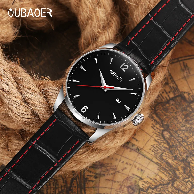 OUBAOER ساعات حركة كوارتز رجالية رجل حزام من الجلد ساعة اليد الذكور شهم سلسلة مقاوم للماء موضة ساعة الذكور عادية