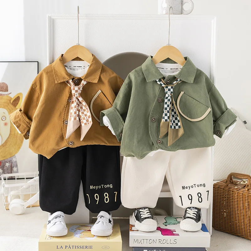 

Boys Clothing Sets Spring Autumn 2024 Children Cotton Tie Coats T-shirts Pants 3pcs Fashion Suit For Baby Tracksuits Kids Outfit