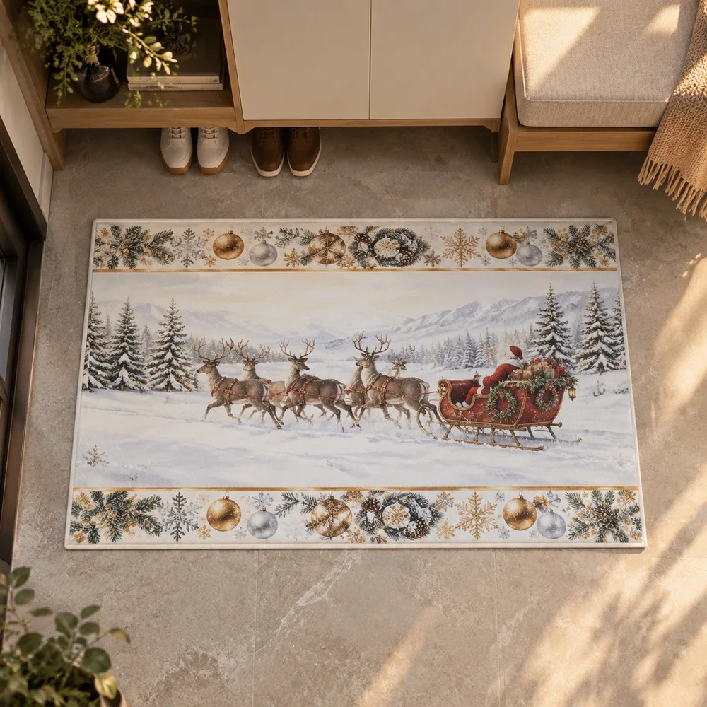 VIKAMA Floor Mat Snow White Christmas Reindeer Sleigh Snow Scene Sunroom Reading Nook Christmas Home Decor
