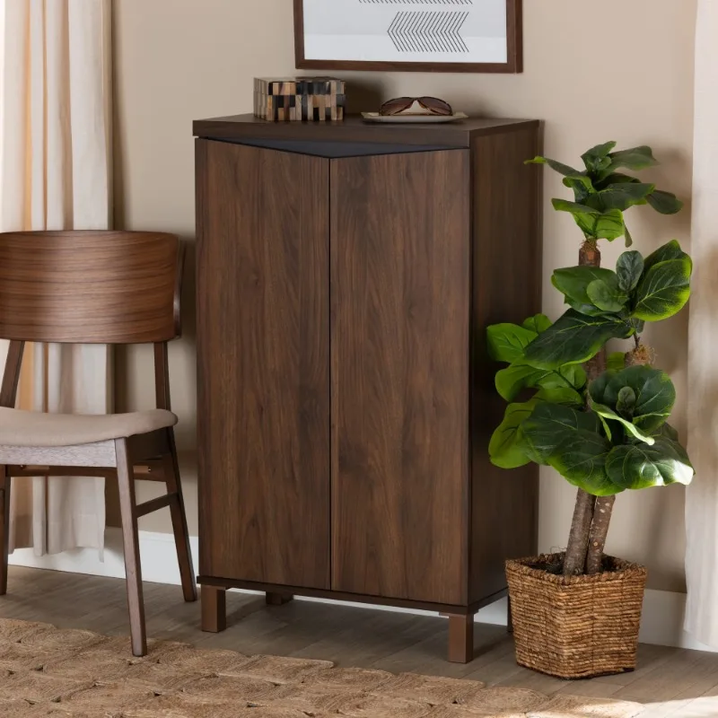 

Baxton Studio Talon Modern and Contemporary Two-Tone Walnut Brown and Dark Grey Finished Wood 2-Door Shoe Storage Cabinet