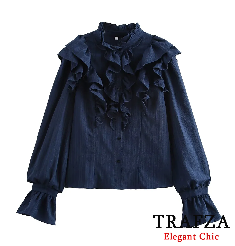 TRAFZA-Women Romantic Textured Chiffon Cardigan Flared Long Sleeve Ruffled Blouse New 2025 Spring Autumn Glamorous Shirt