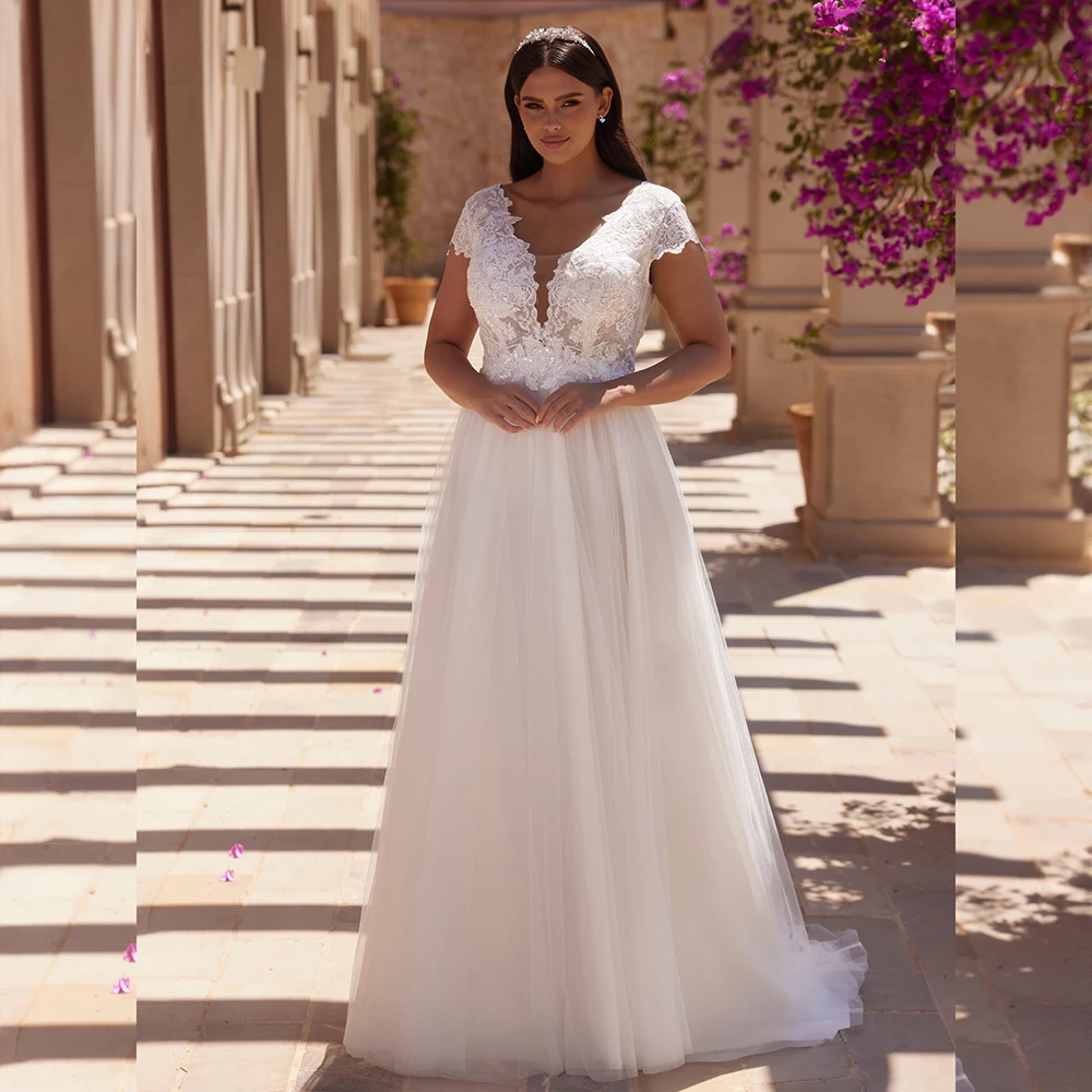 

A-Line Tulle Classic Wedding Dresses 2025 Cap Sleeve Lace Appliques V Neck Backless Bridal Dress Tulle Bride Gown Customized