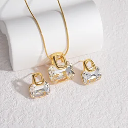 Classic Simple Geometric Zircon Rhinestone Stud Earrings Necklace Stainless Steel For Women Jewelry Set Birthday Gifts