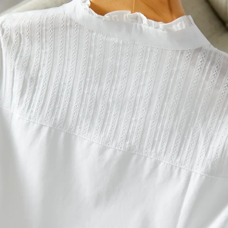 بلوزة بيضاء كلاسيكية فرنسية: قميص كبير الحجم بياقة جاكار مزين بالزهور للنساء، قميص بمقاس كبير قابل للتنفس على الطراز الكوري #6