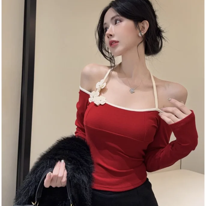 

Flower Halterneck Contrasting Color Long-sleeved Slimming Short Off-shoulder Top Women American Niche Retro Hottie One-shoulder