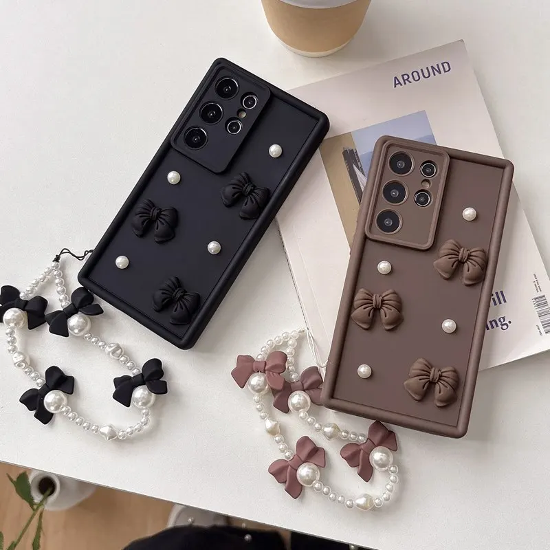 Bow Tie Pearl Chain Lanyard Phone Case For Honor Magic 3 4 5 6 7 Lite Magic 7 6 5 4 3 Pro X60 X50 X40 X30 X20 5G Soft Rope Cover