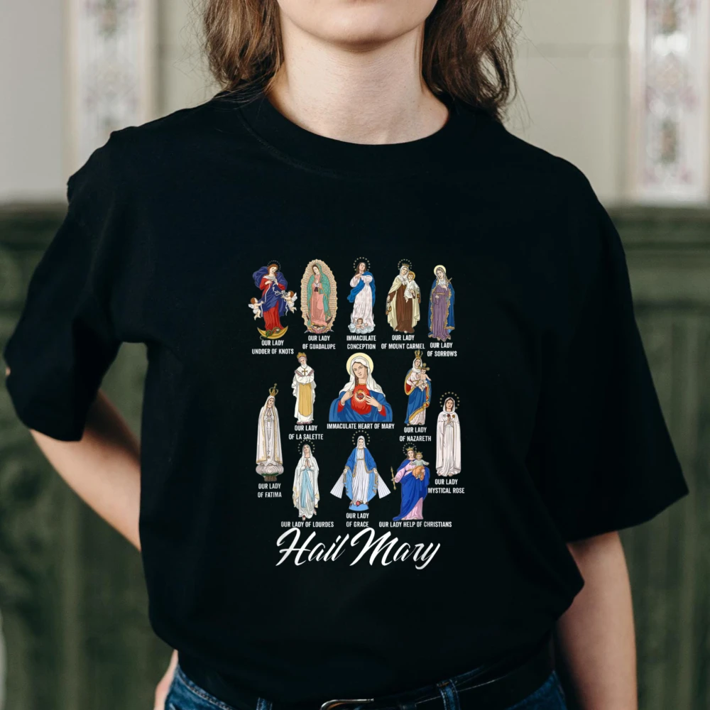 Our Lady Blessed Mother Latin Marian Titles T-Shirt Religious Icons Virgin Mary Depictions Graphic T shirts Religious Church Tee