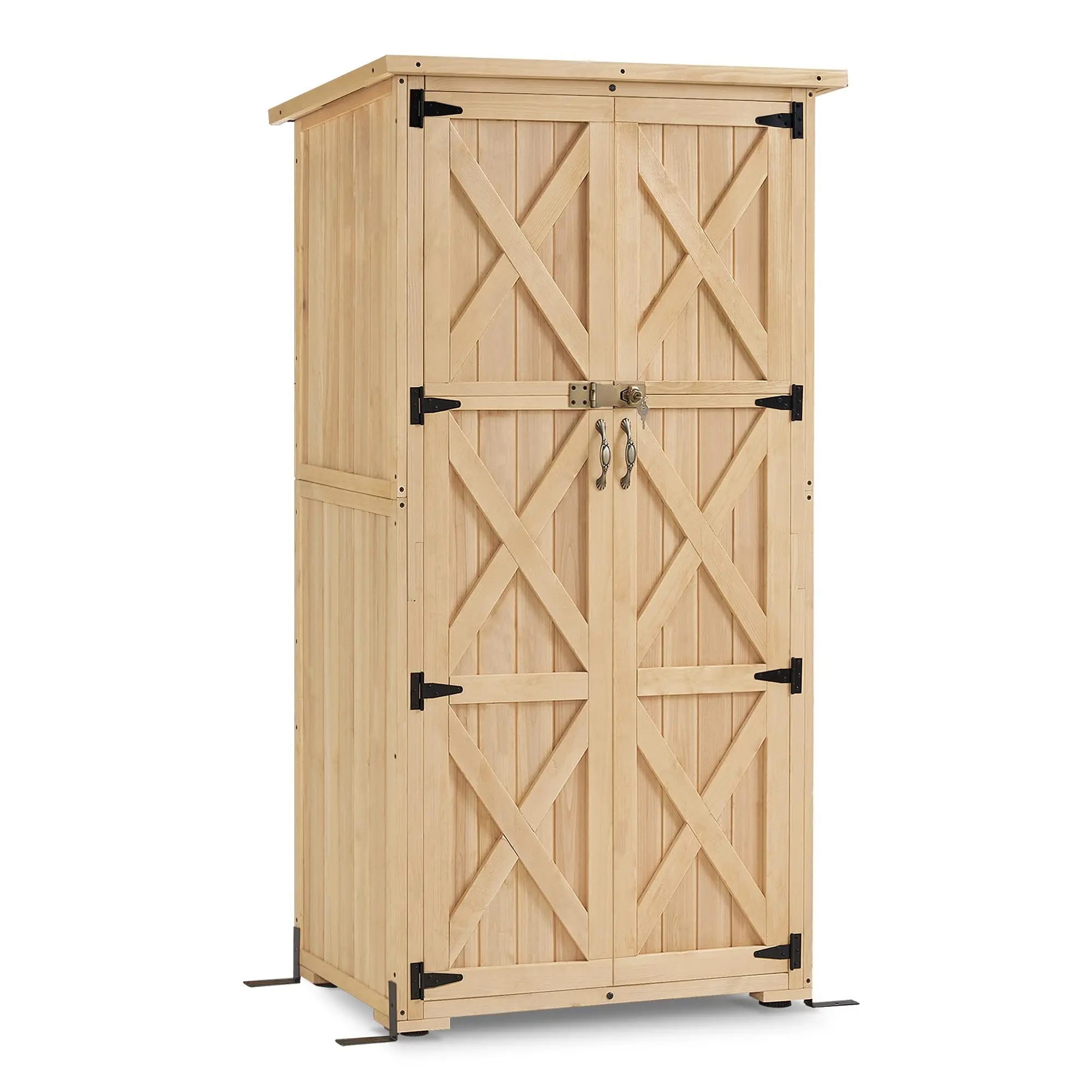rout Outdoor Storage Cabinet, Wooden Storage Shed with Lock, Outside Garden Tool Shed with 2 Do for Patio Yard Lawn