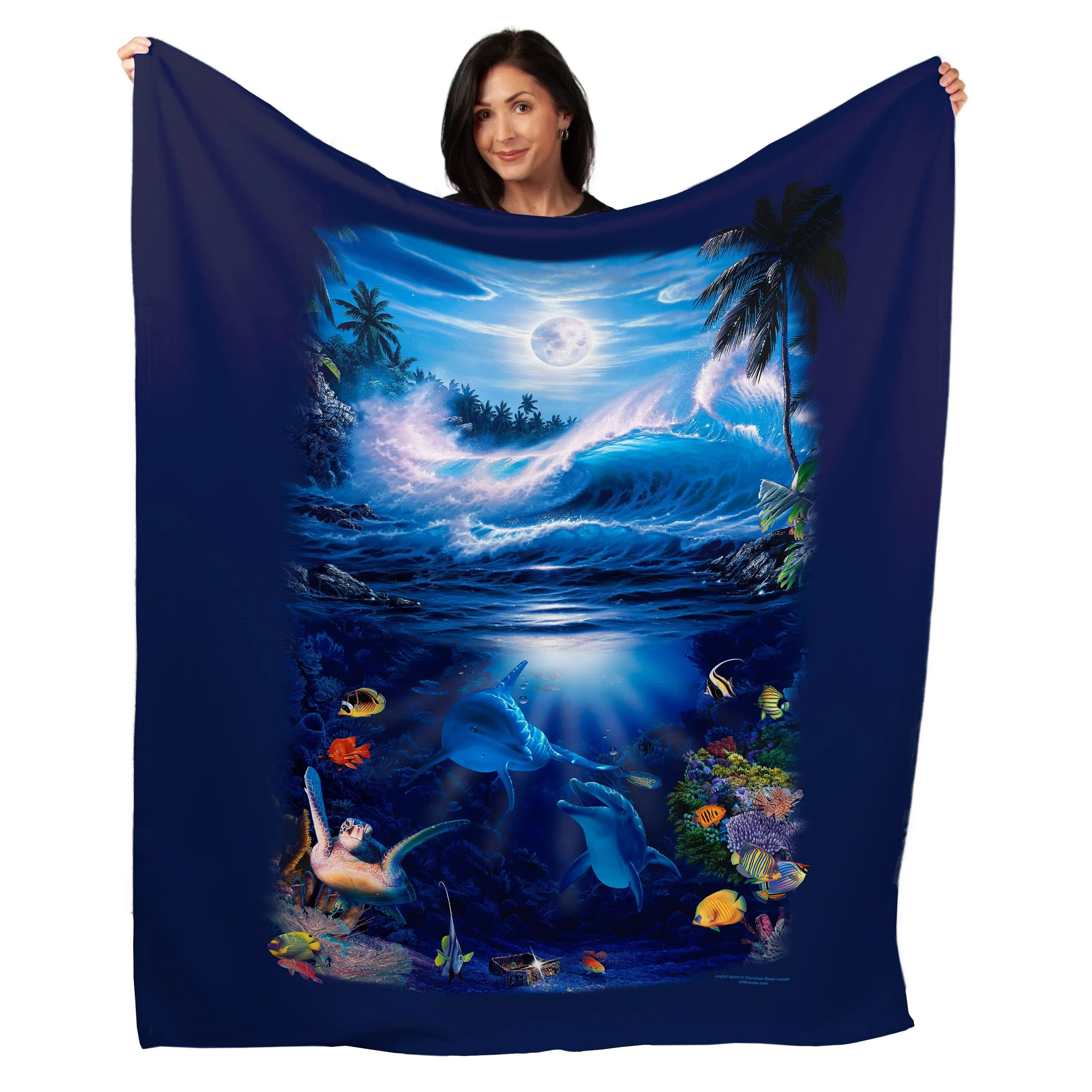 Joyful Spirit Dolphin Blanket, Christian Riese Lassen Art Throw Aquatic Ocean Home Decor Wall Hanging Fabric Poster Wall Art