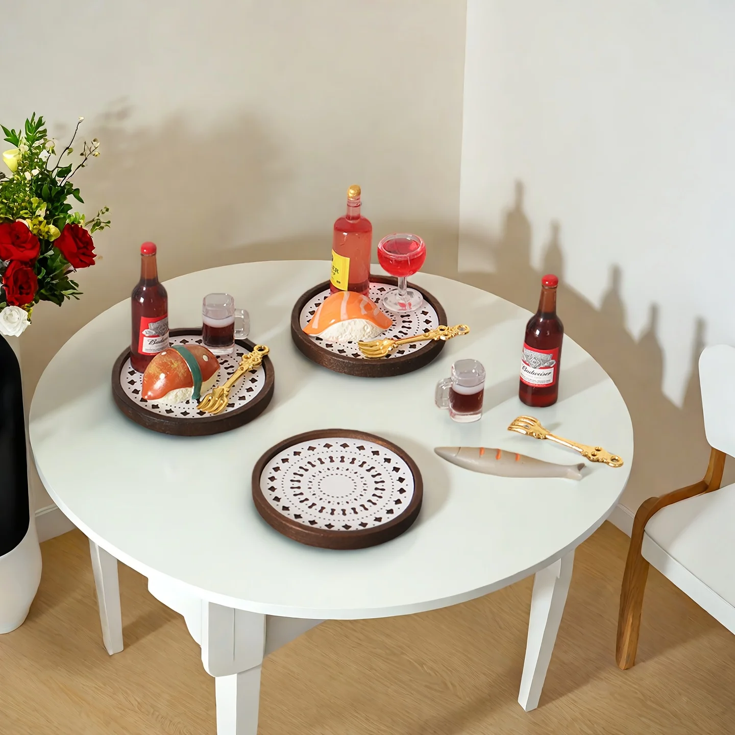 Escena en miniatura para casa de muñecas, botella de vino, sushi, filete, comida de juguete, vino tinto, bandeja, set de modelos de papel, juego de simulación