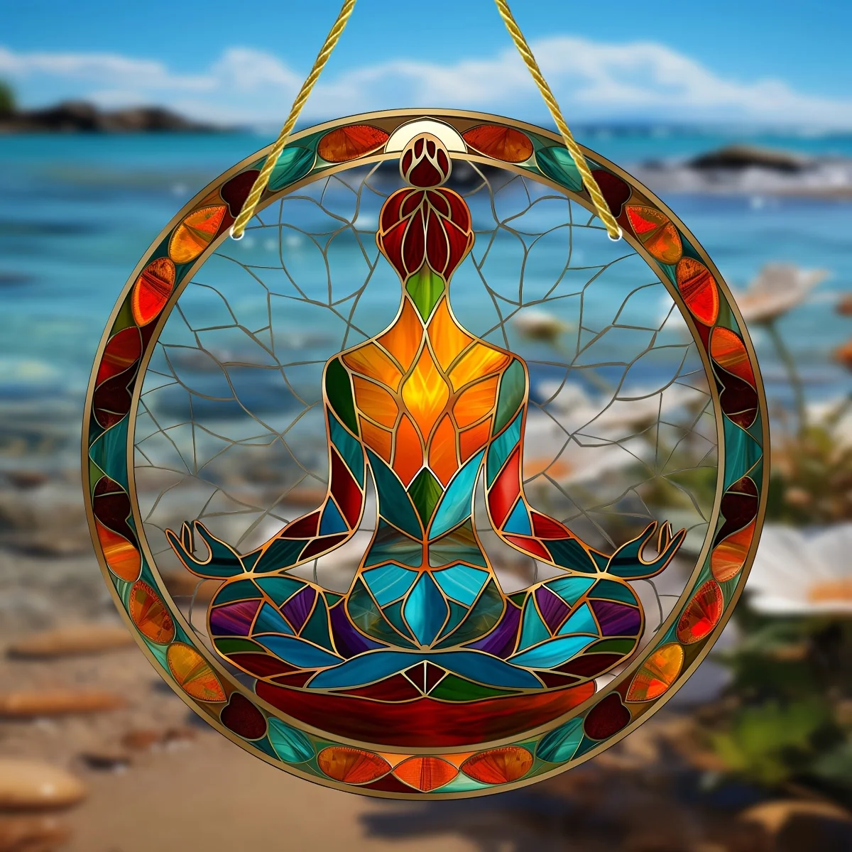 Yoga Symbol Stained Glass Suncatcher,Round Acrylic Hanging Decor,Garden,Porch,Window Decoration,Ideal Birthday Gift for Friends