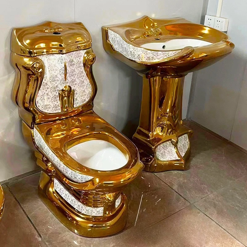 

European hotel electroplated gold ceramic toilet column basin washbasin toilet split type