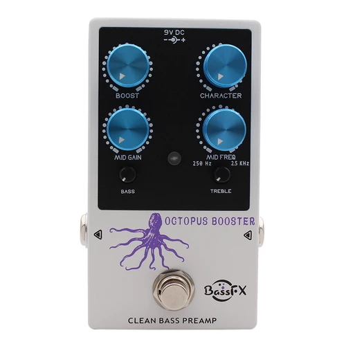 Fanmuzk Octopus Booster Pedal de preamplificador de bajo EQ de 3 bandas para bajo eléctrico armónico tono limpio rico
