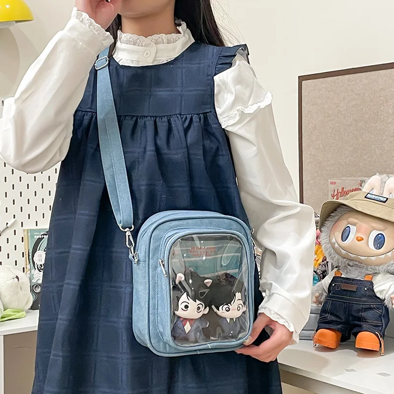 Casual and Simple Denim Crossbody Phone Bag for Women See-Through Badge Doll Show Shoulder Bag Individual