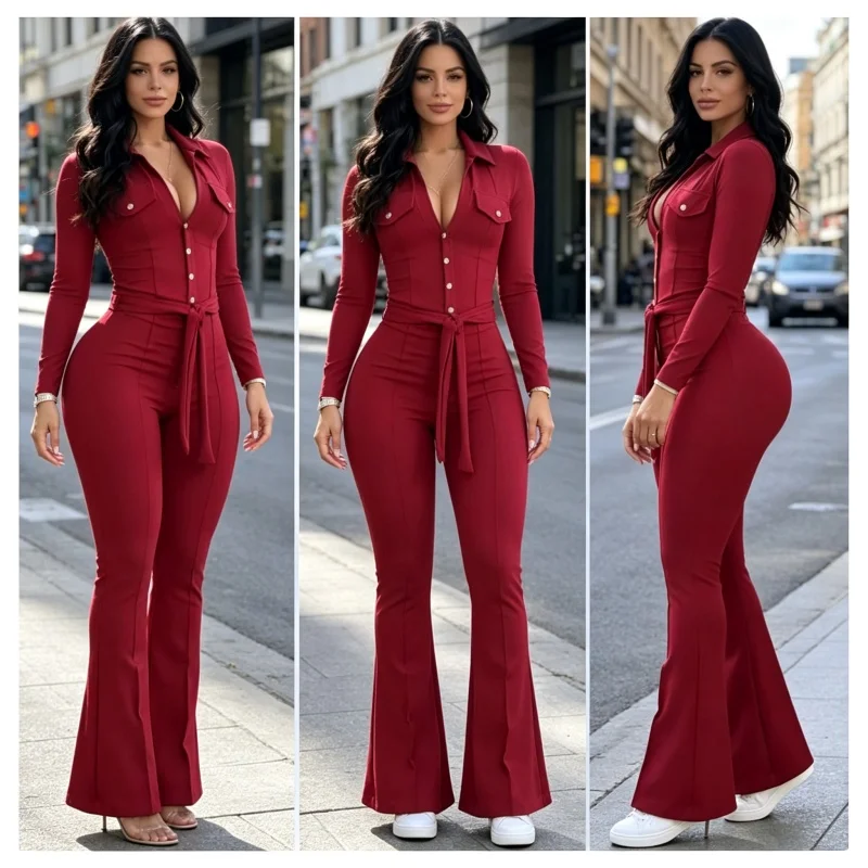 Jumpsuit Women 2026 Autumn Fashion Button Casual Turn-Down Collar Long Sleeve Skinny Bootcut Jumpsuit with Belt Y2K Streetwear