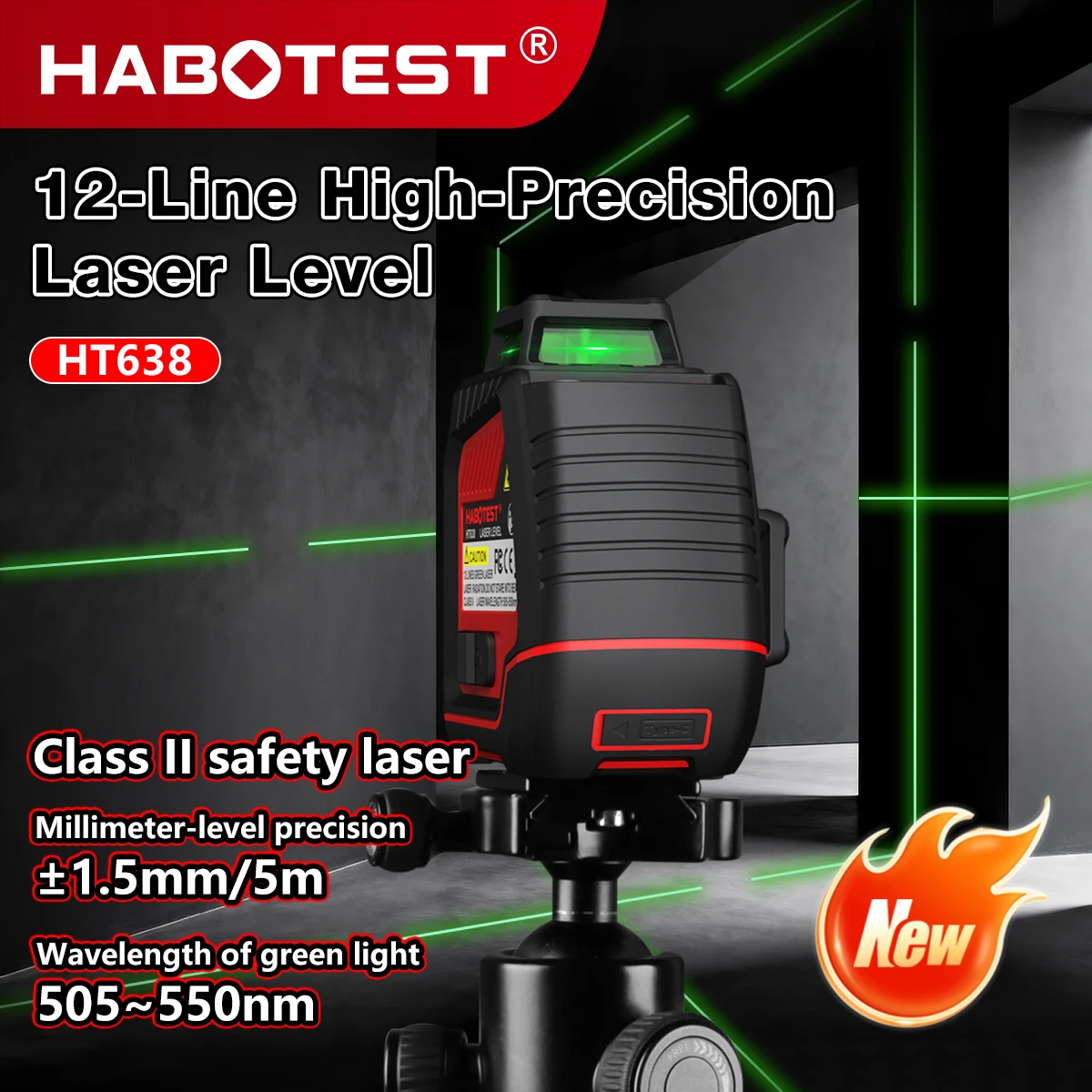 HABOTEST HT638 12 Lines Green Laser Level 360 Self Leveling ±1.5mm/5m 4000mAh Type-C Charge 30M Laser Level Construction Measure