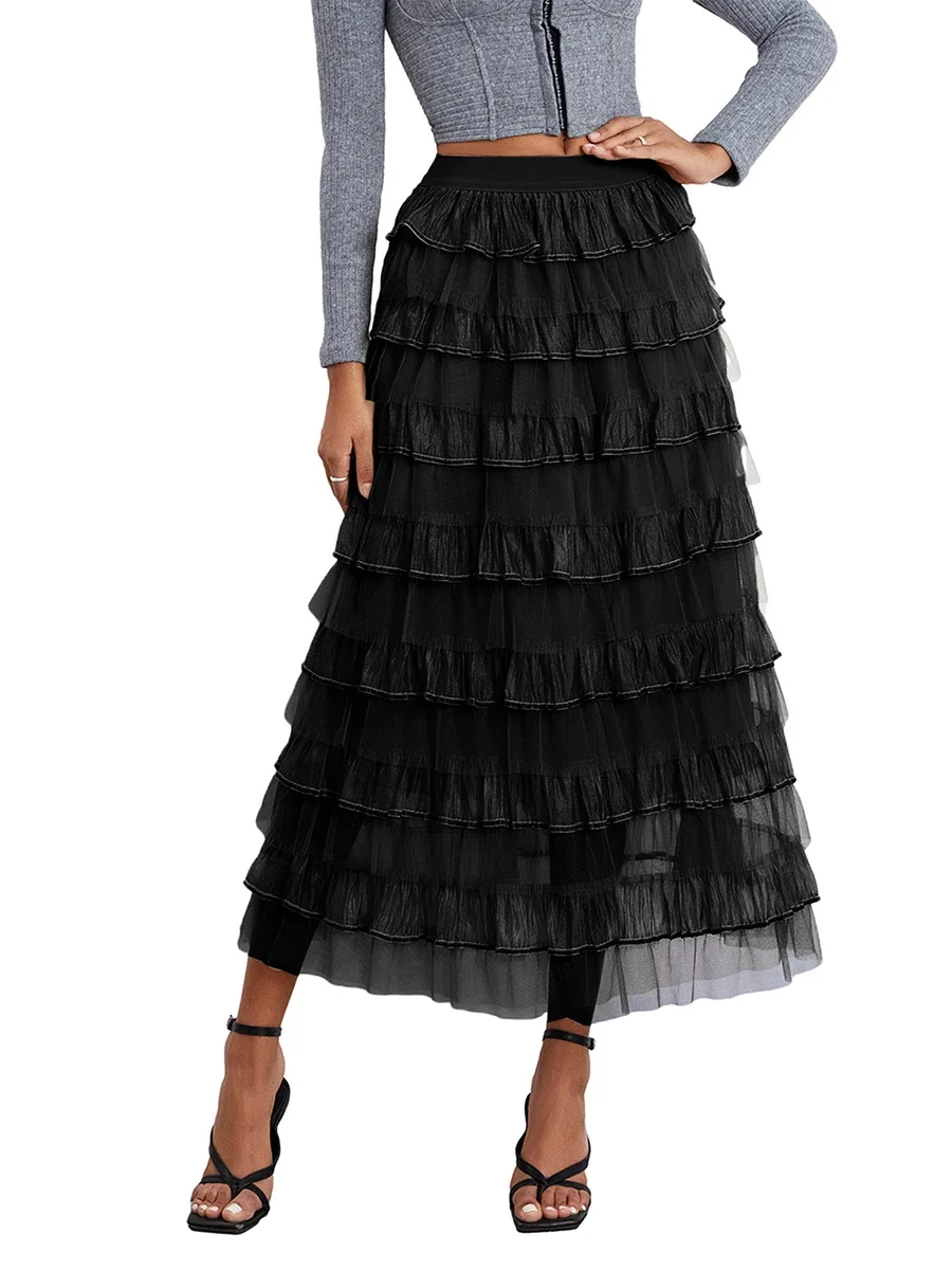 

Women s Tulle Midi Skirt Elastic High Waist Layered Pleated Mesh Flowy A-Line Prom Party Long Tutu Skirts