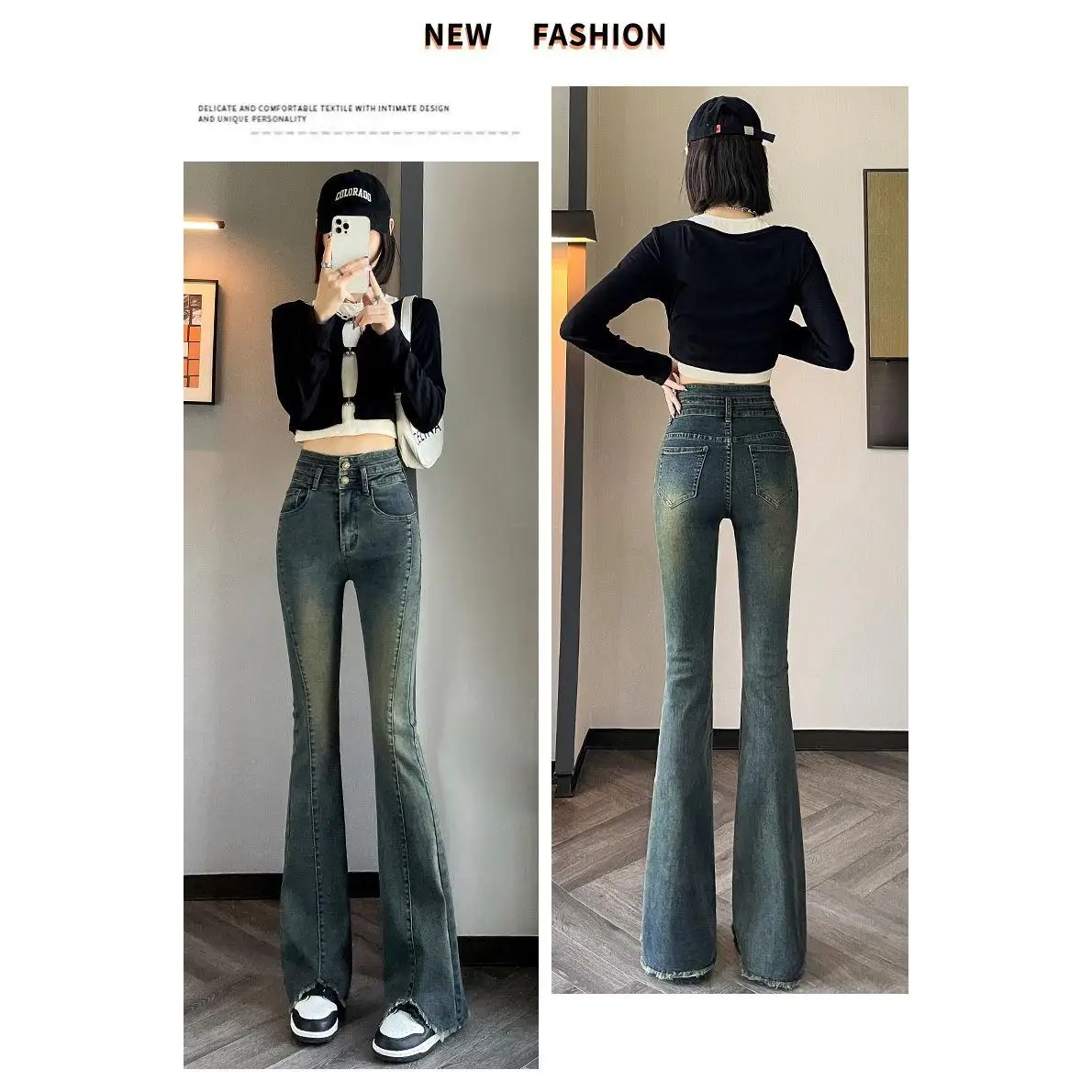 

Retro High Waist Bell Bot Jeans Women's Slim Fit Design Micro Flared Floor Length Pants Casual Blue Cotton Polyester