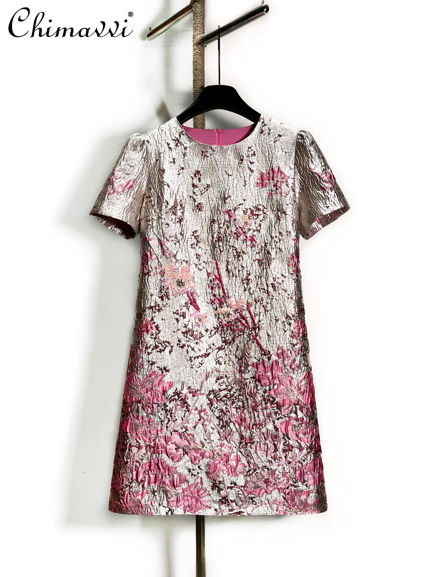 

French-style Heavy Beaded Jacquard Short-sleeve Elegant Dress 2026 Summer New Fashion Round Neck Slim-fit Short Retro Dress