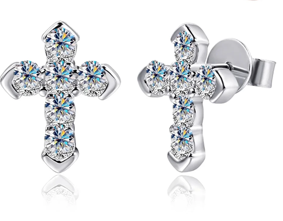 

Real D Color 12 Stones 2.3mm Full Moissanite Cross Earring For Women 100% S925 Sterling Silver Plate Pt950 Stud Ear Fine Jewelry