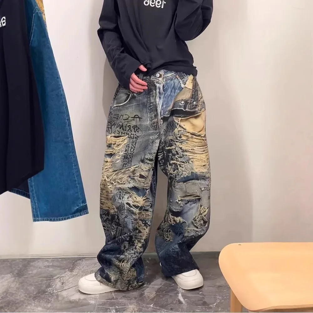 

Unisex Jeans 2026 Spring Retro Washed Wide Leg Cargo Jeans Unisex High Street 3D Graffiti Streetwear Spring Summer Pants