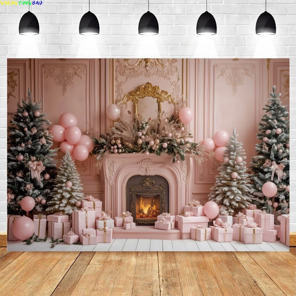 

Europe Palace Fireplace Christmas Backdrop Photography Christmas Trees Kids Family Holiday Party Decor Banner Background Props