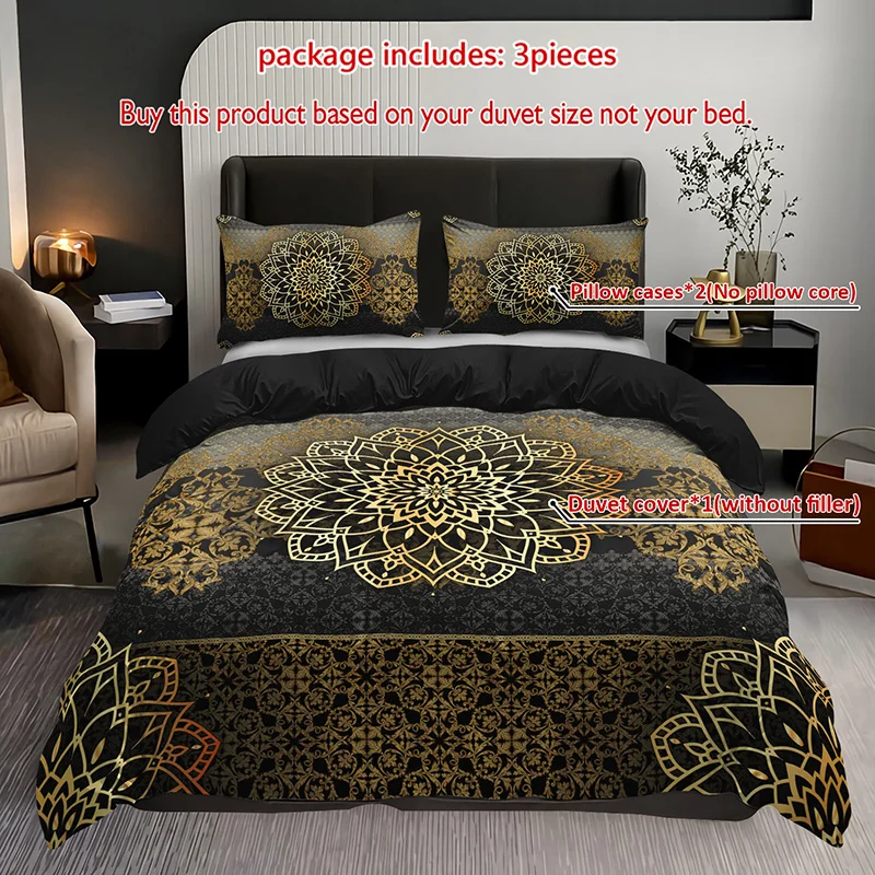 

3pcs Mandala Luxury Golden Black Bedding Duvet Cover Set Bohemian Bedding Quilt Set Mandala Themed Bed Quilt Set Black Golden
